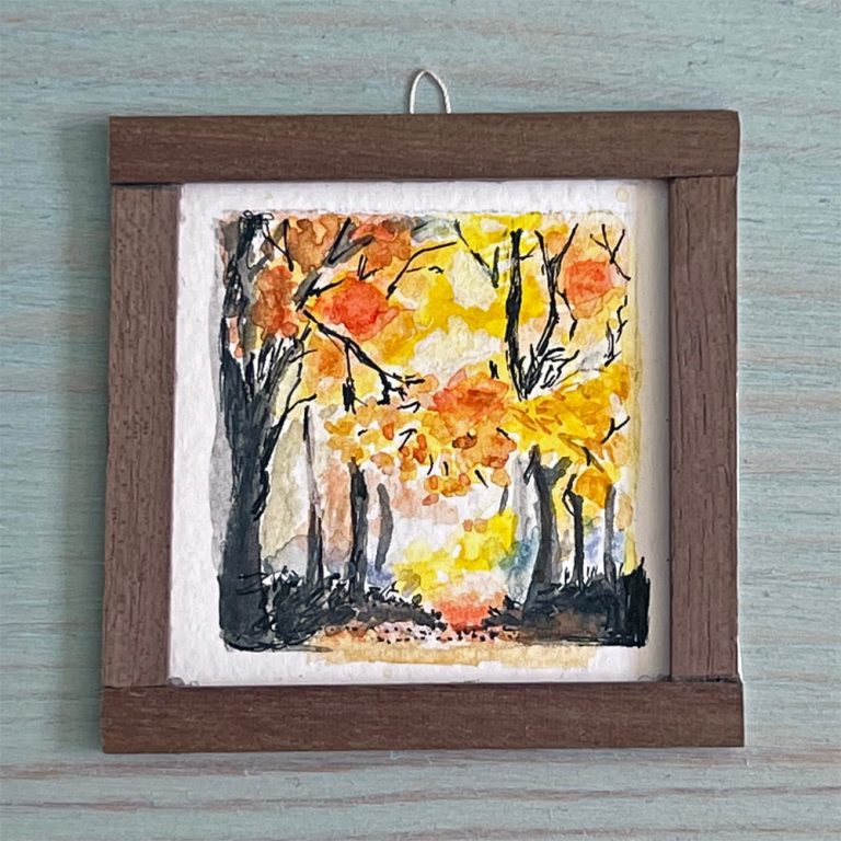 A watercolor mini painting depicting a typical autumn landscape, with barren trees and yellow leaves.