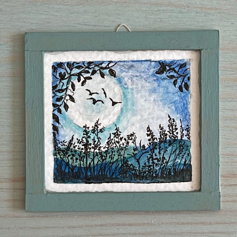 A watercolor mini painting depicting a night landscape, with some volatiles before a giant moon on the background.